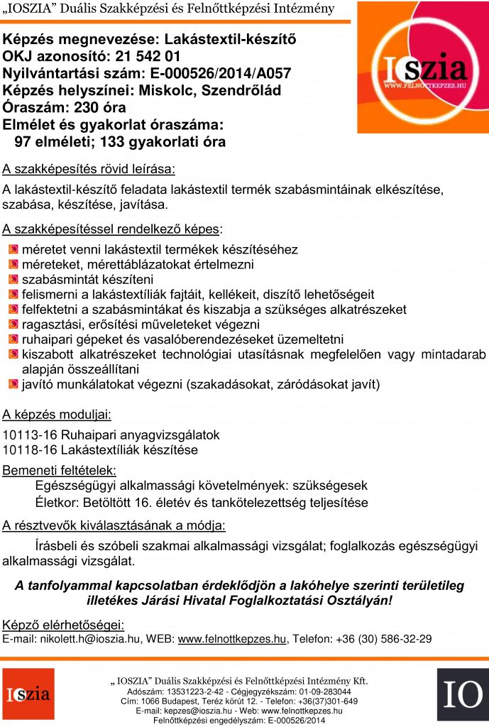 Lakástextil-készítő OKJ - Miskolc - Szendrőlád - felnottkepzes.hu - Felnőttképzés - IOSZIA